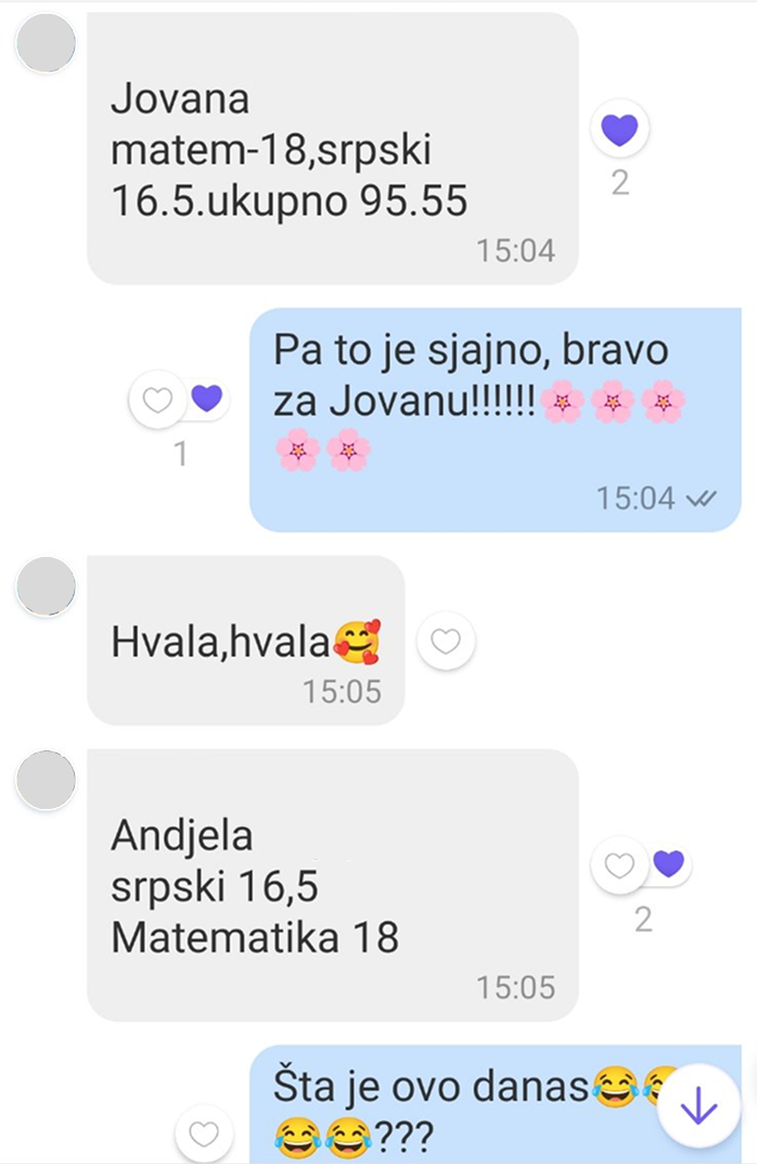 Poruka roditelja: Anđela srpski 18,5, matematika 16,5, biologija 19