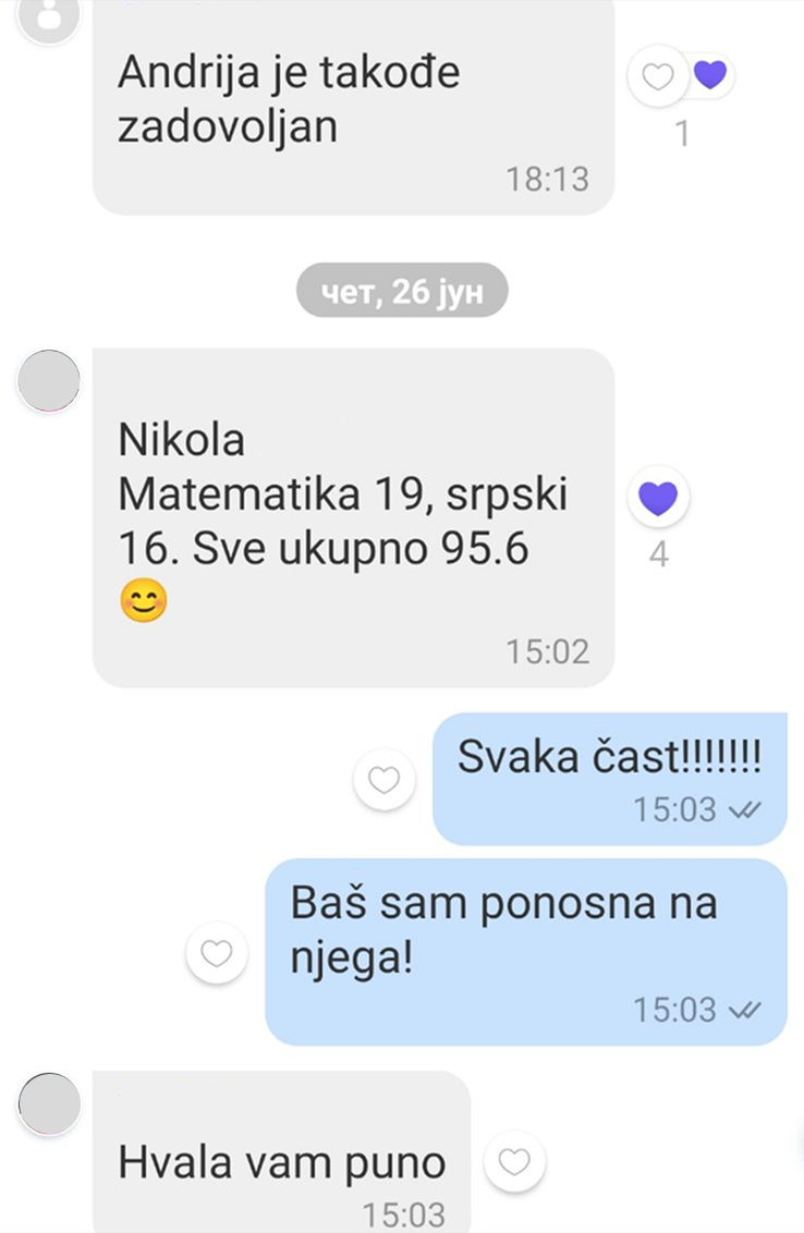 Poruka roditelja: Jovana matematika 18, srpski 16,5, ukupno 95,55