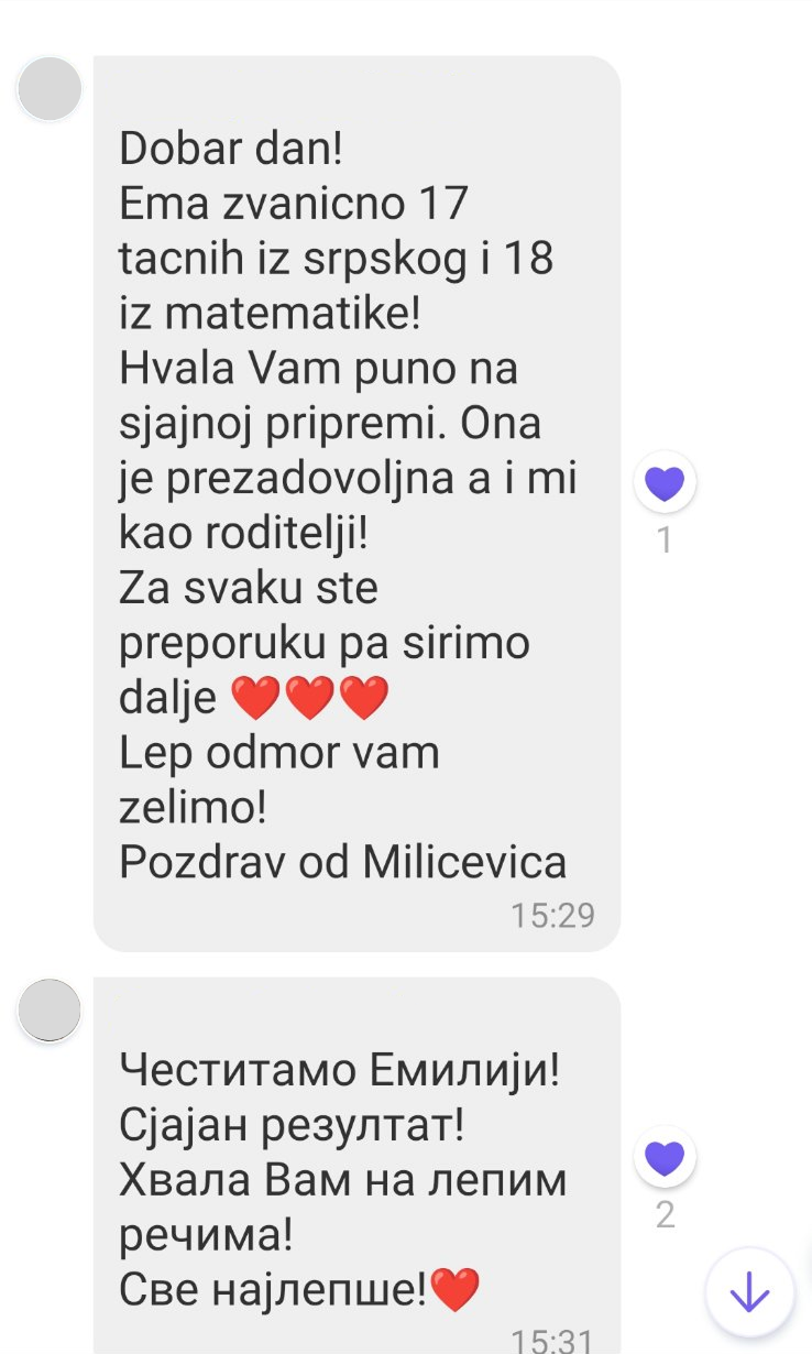 Poruka roditelja: Ema srpski 17 i matematika 18