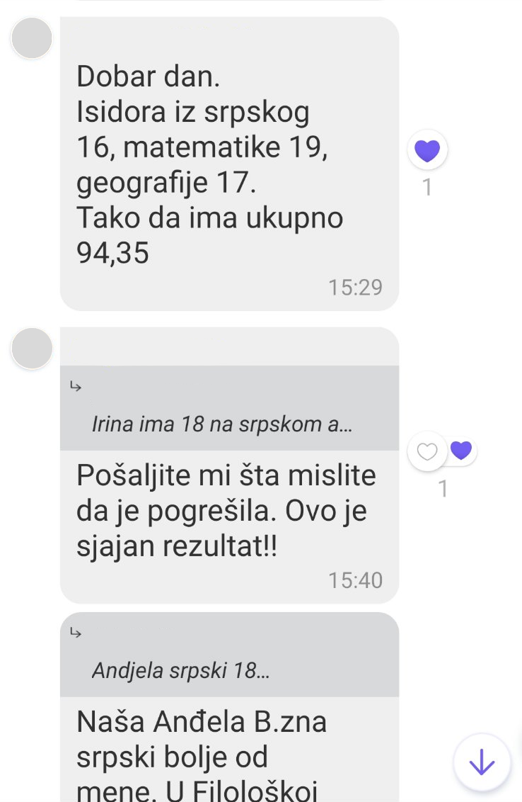 Poruka roditelja: Sara 15,5 i 17, Milica srpski 18 i matematika 16
